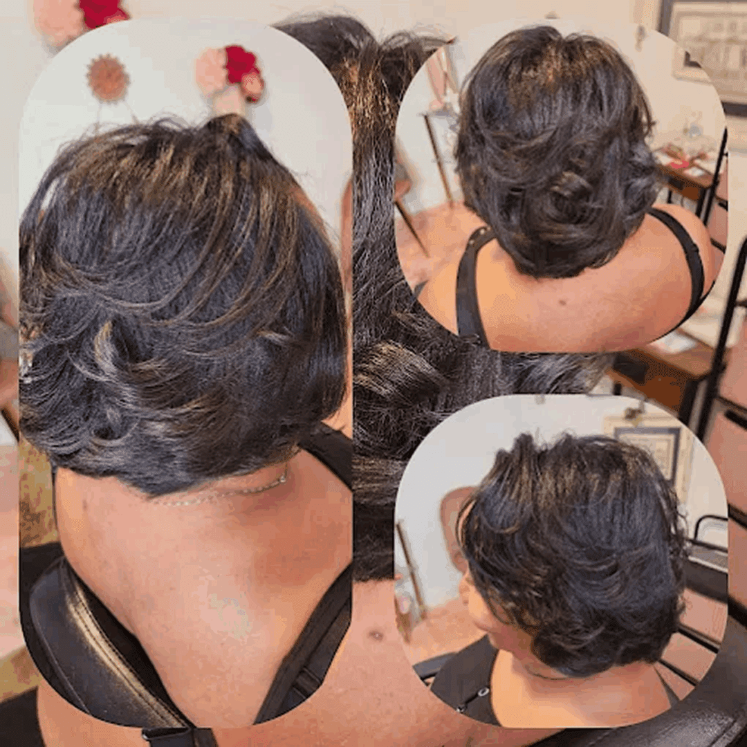 Short, layered hairstyle in multiple angles.
