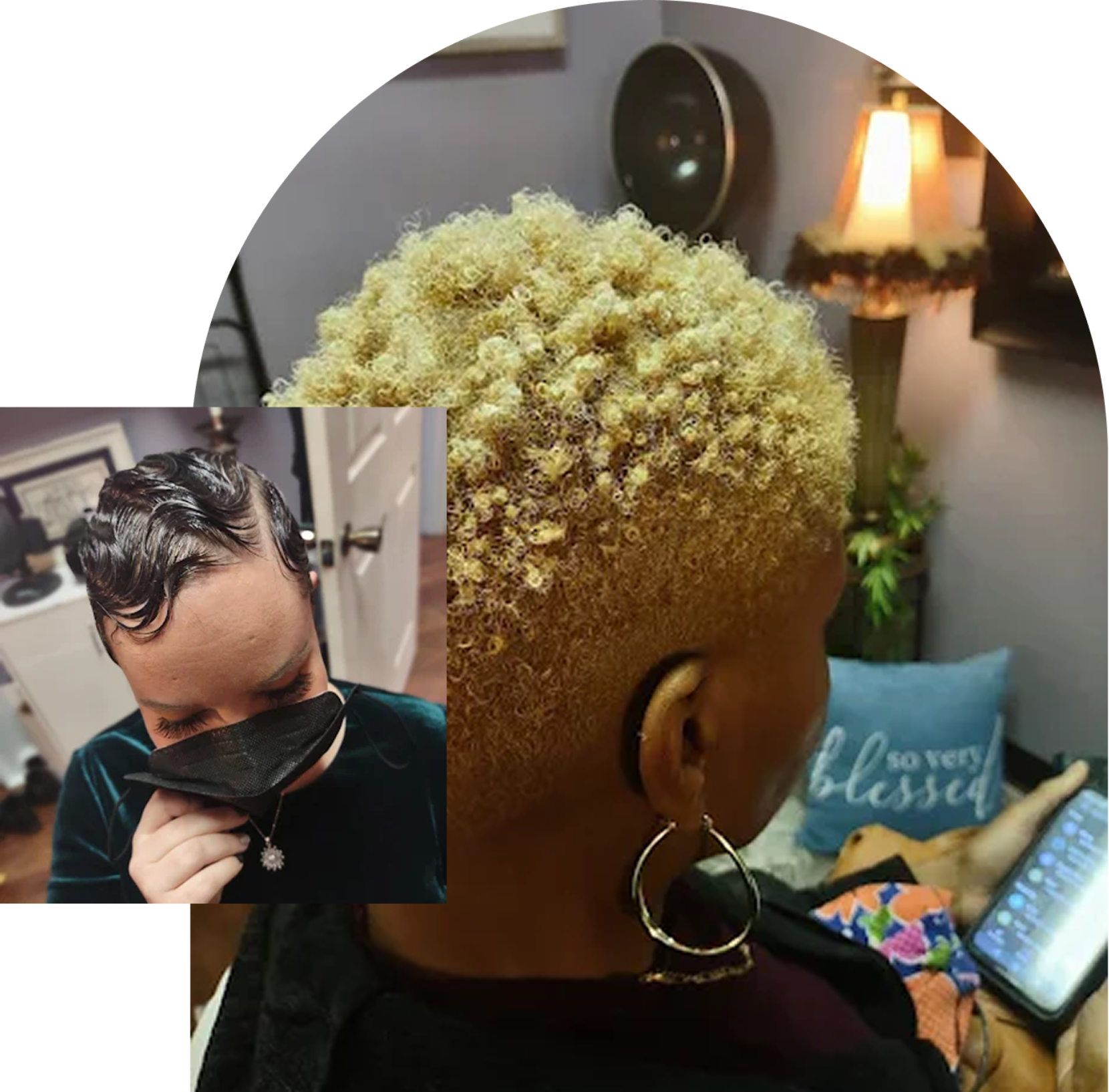 Two hairstyles: curly blonde and wavy black.