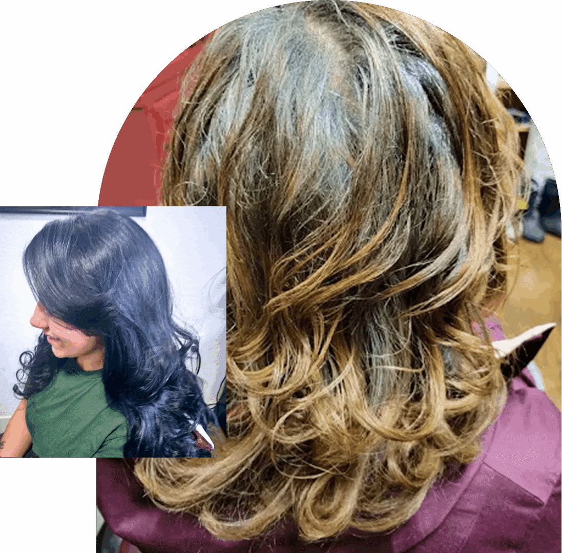 Curly brown hair transformation with black highlight.